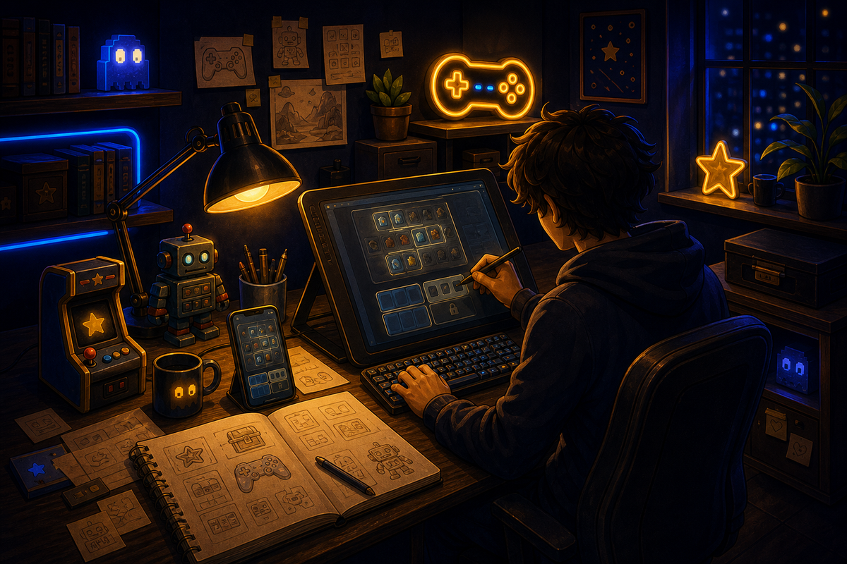 Ilustração de uma pessoa criando um jogo à noite, cercada de peças vintage.