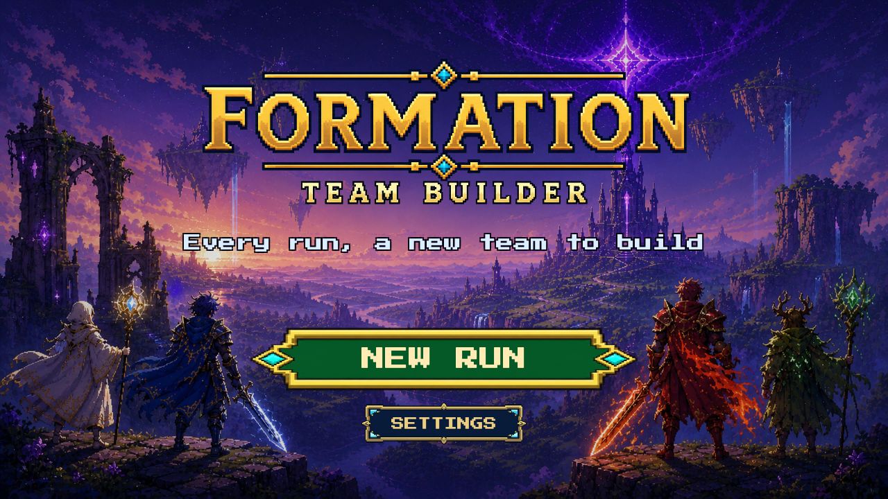 Formation title screen with four characters and the option to start a new run
