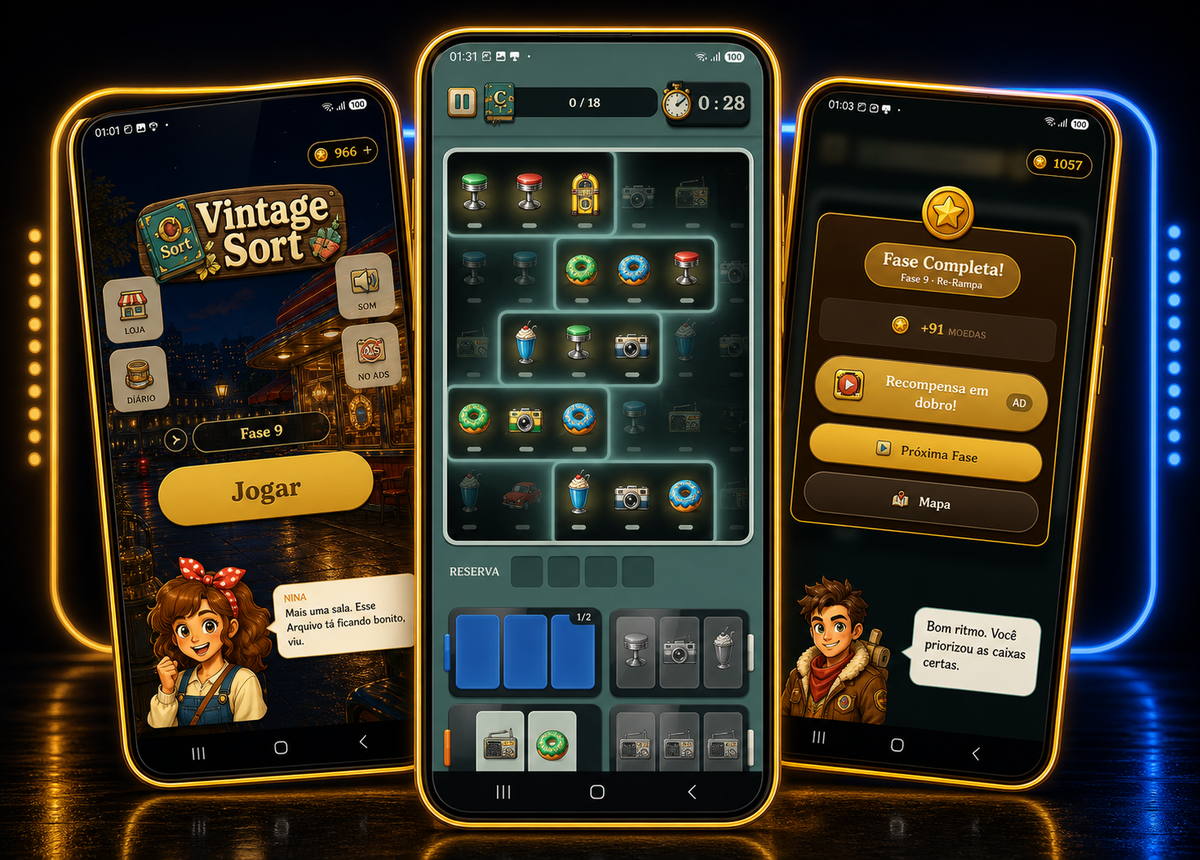 Telas do Vintage Sort: menu, tabuleiro e recompensa
